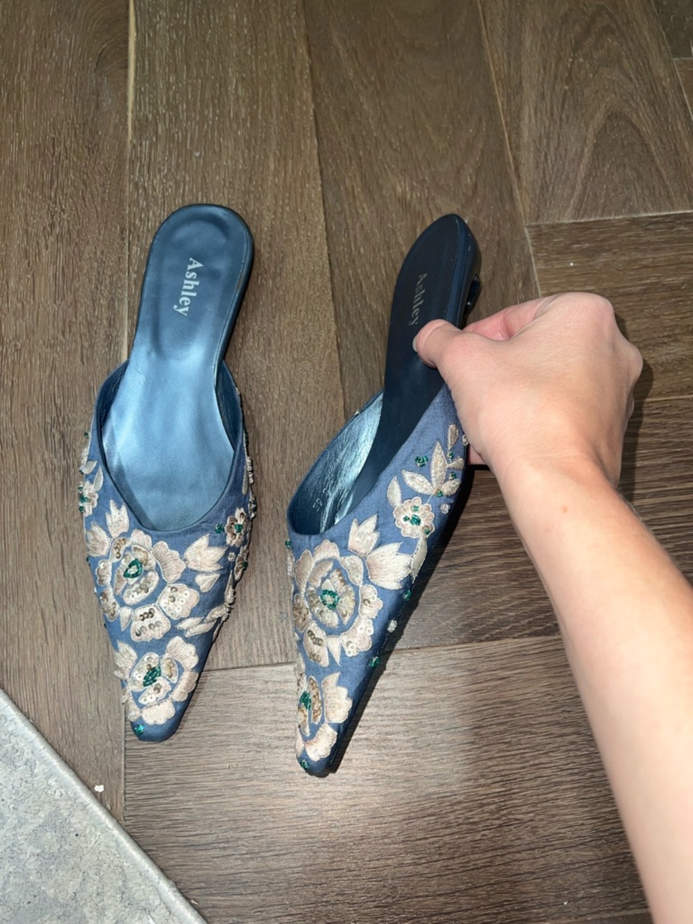 blue Embroidered Pointed-Toe Mule Slides, sandals, slip ons